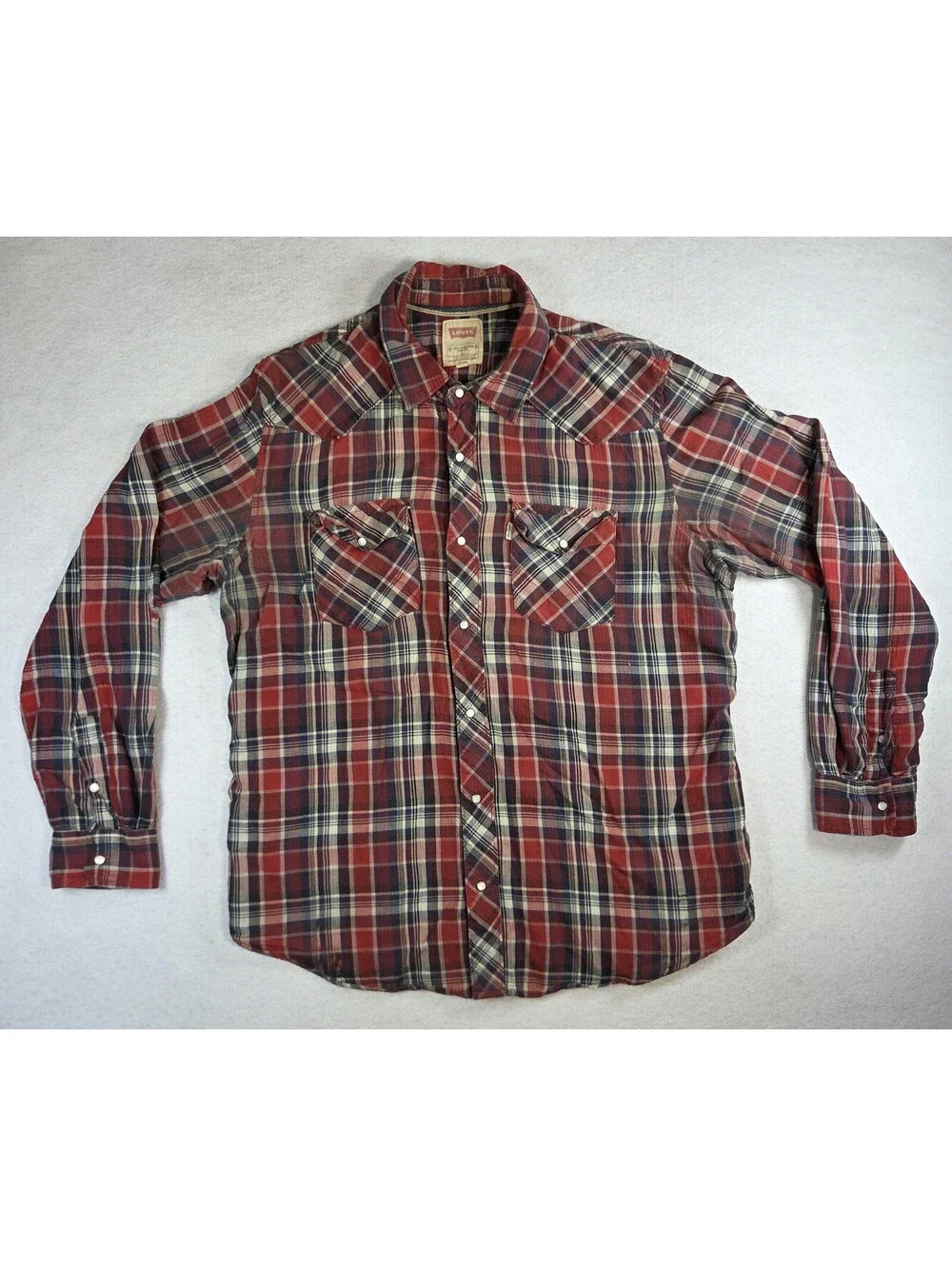 Levis Mens Large Red Blue Plaid Flannel Western Pearl Snap Rodeo Work Shirt FLAW